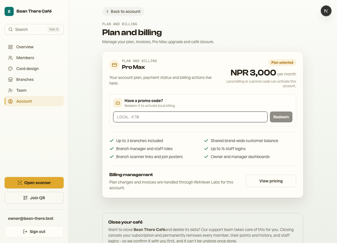 The account page showing plan and billing controls