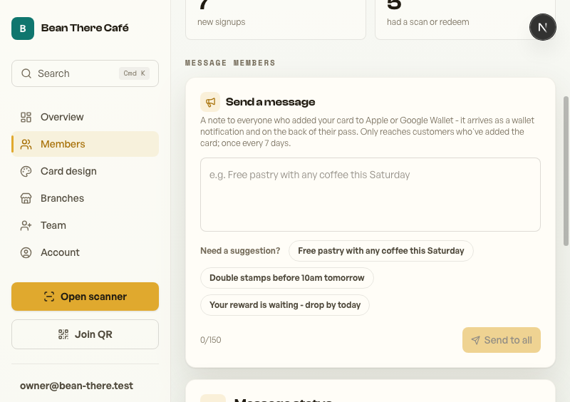 The Send a message broadcast card on the dashboard