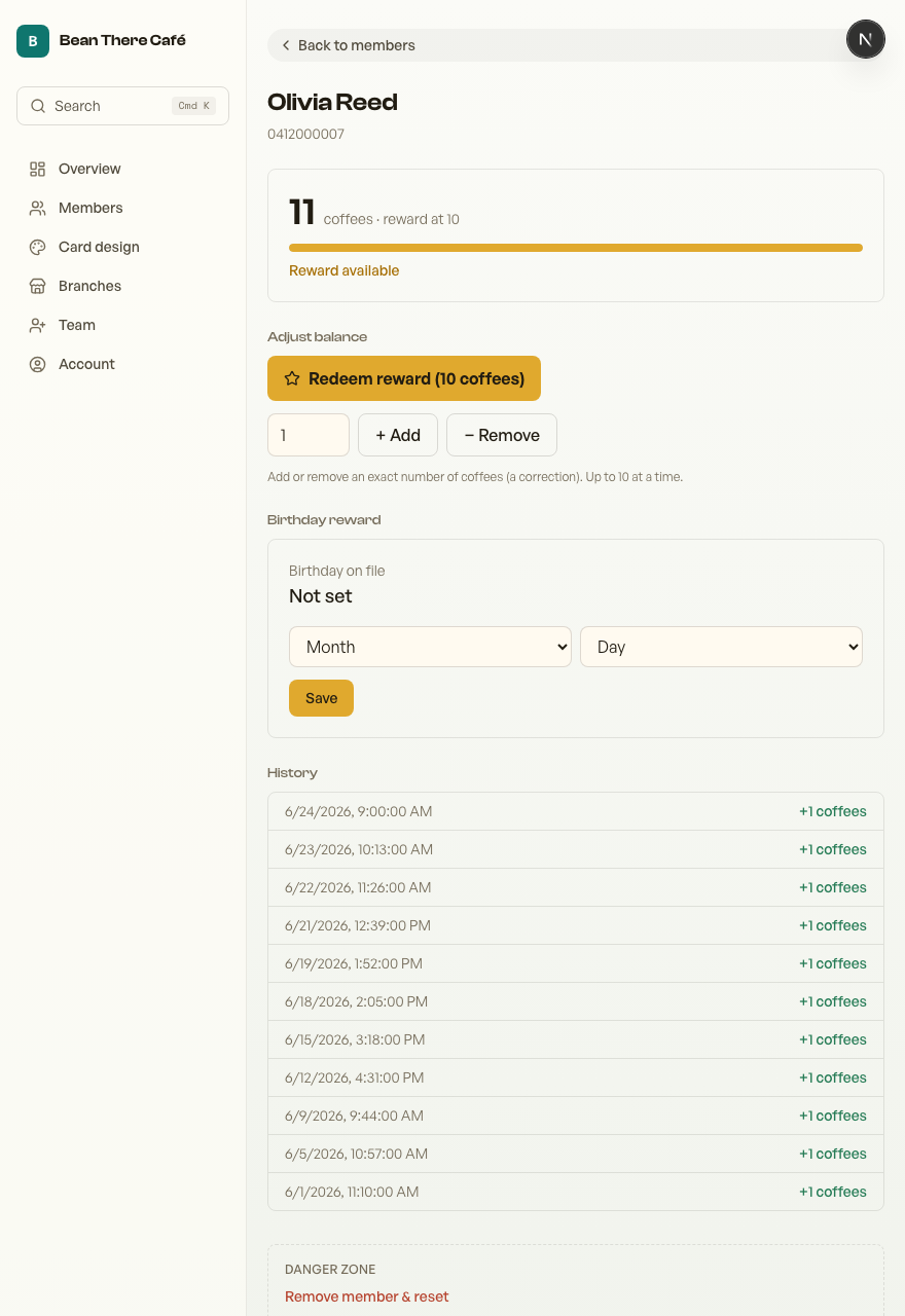A member's detail page with progress, Adjust, and history
