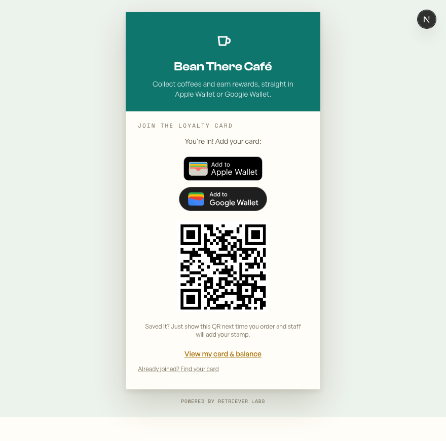 The join screen customers see, with the QR and Add to Wallet