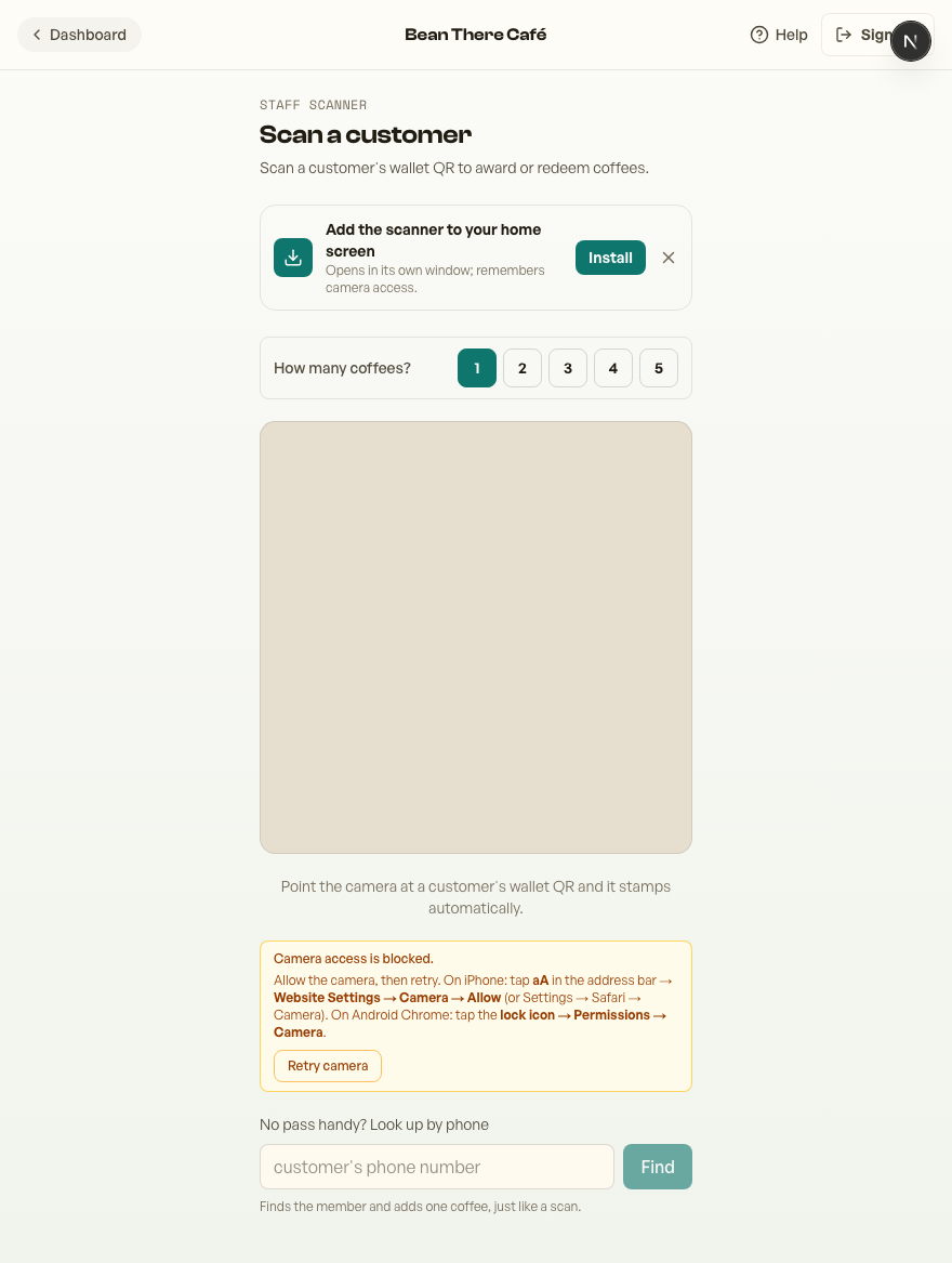 The scanner with the quantity picker and phone look-up