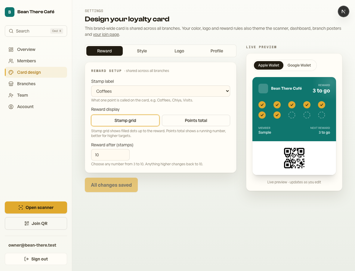 The card customisation screen with a live preview