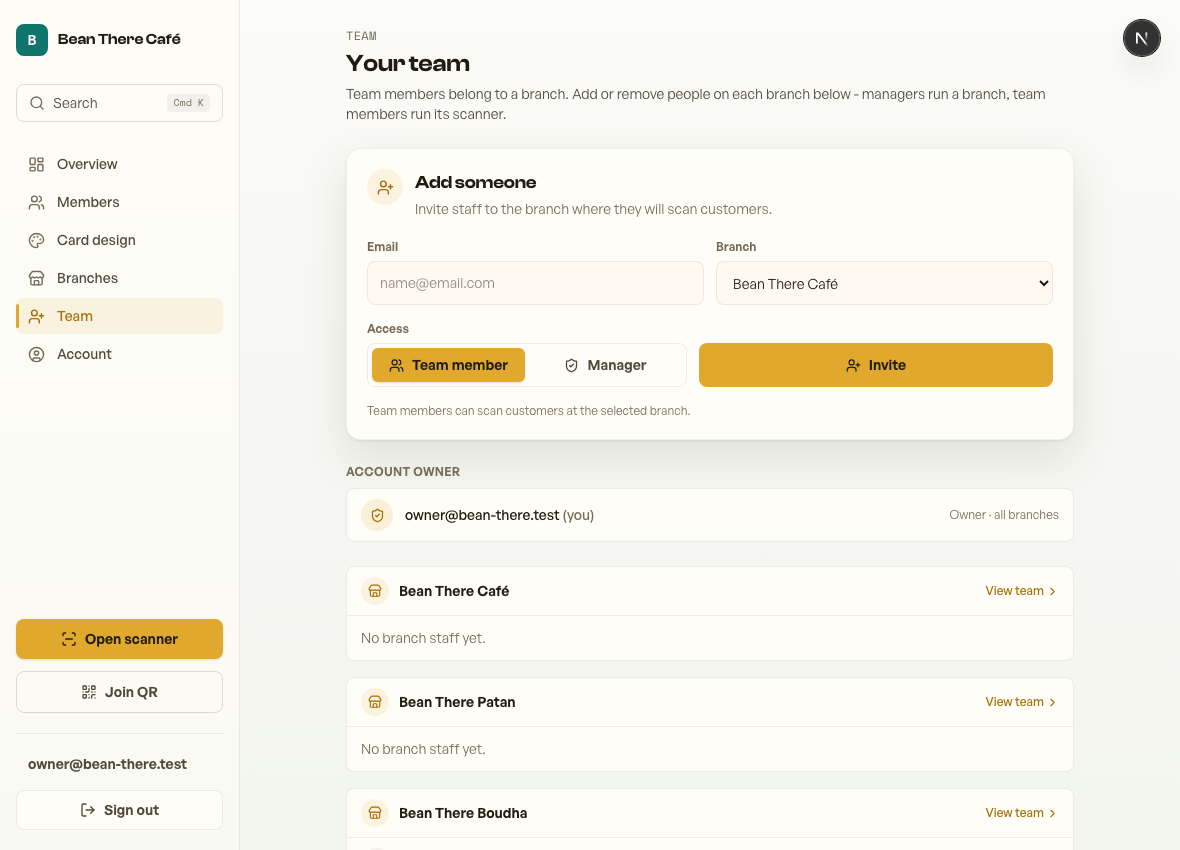 The Team page where owners invite staff