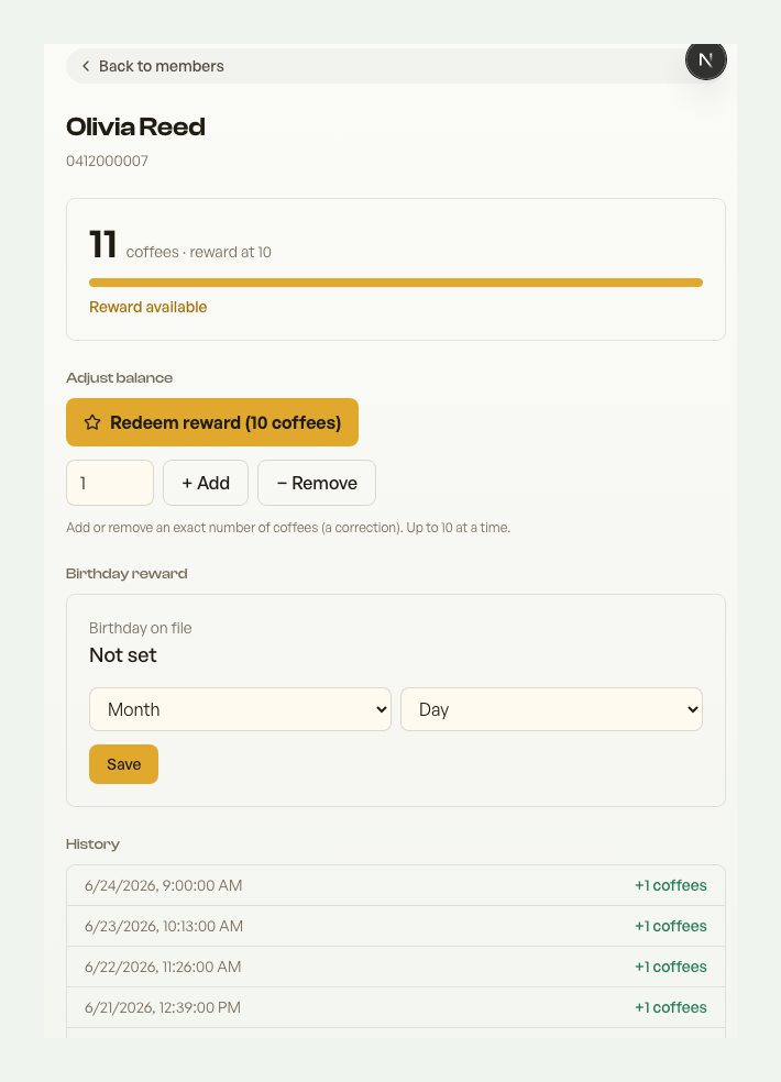 A member record showing the saved balance and transaction history